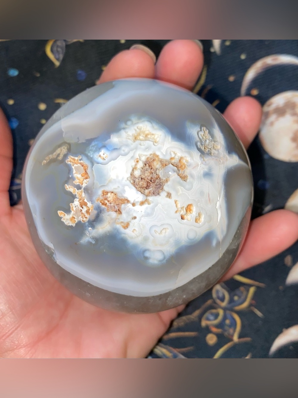 Large Natural Agate + Quartz Sphere | Blue Gray Chalcedony | Sparkly Druzy Cave - Picture 9 of 11